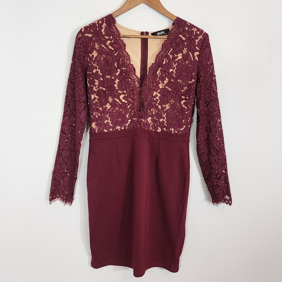 Lulu’s Swooner or Later burgundy long sleeve lace deep v neck bodycon dress SZ L - Picture 2 of 11